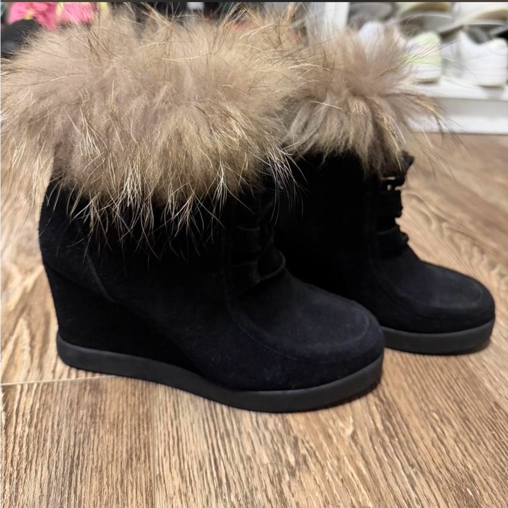 Barneys New York Black Wedge Boots with Tan Fur Trim